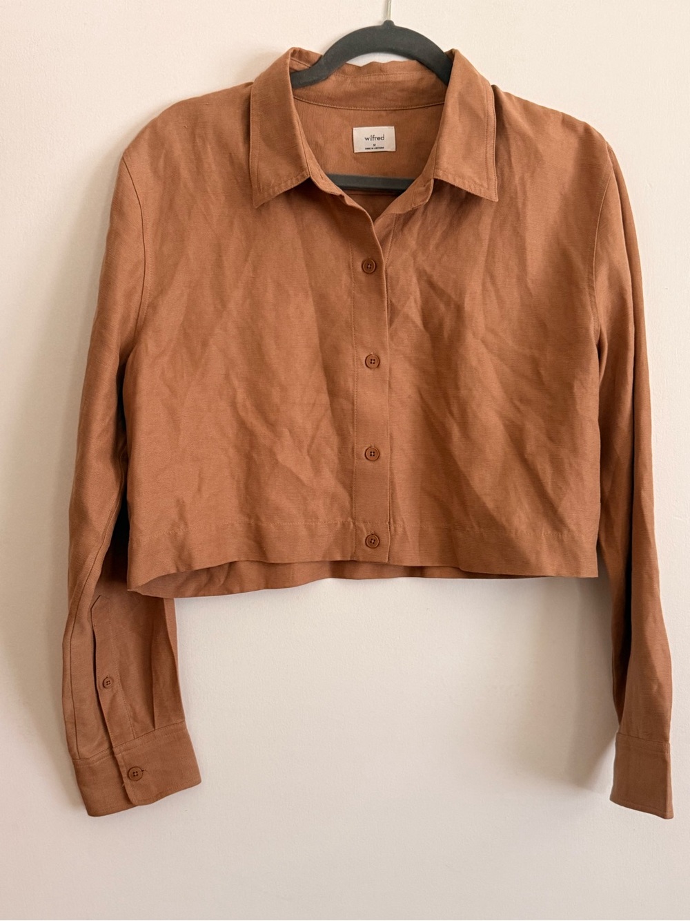 Aritzia Wilfred Proposal Linen Lyocell Cropped Button-Up Blouse | Tan | Size M